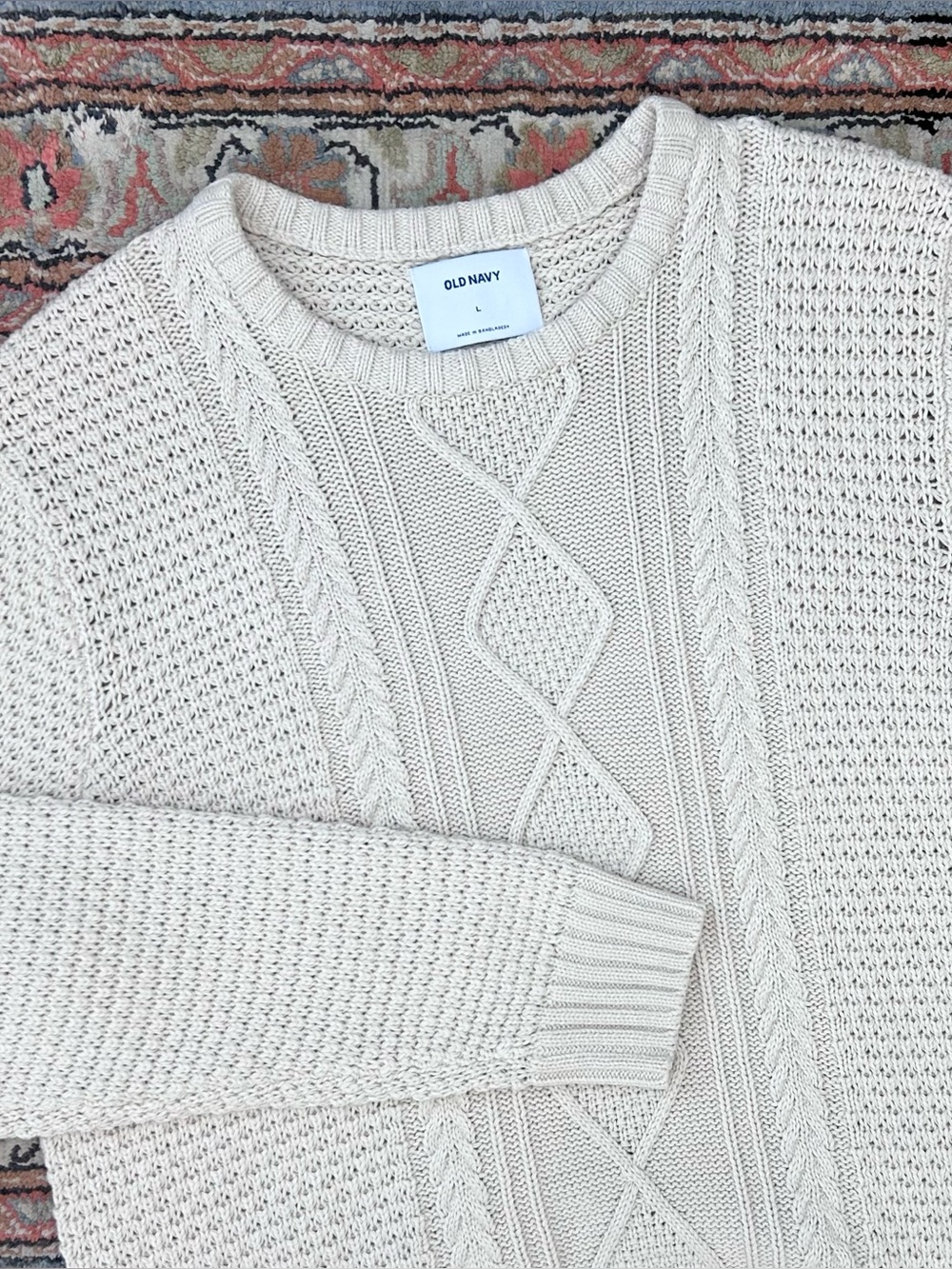Old Navy Men's 100% Cotton Cable Knit Fishermen Cream Crewneck Sweater LARGE